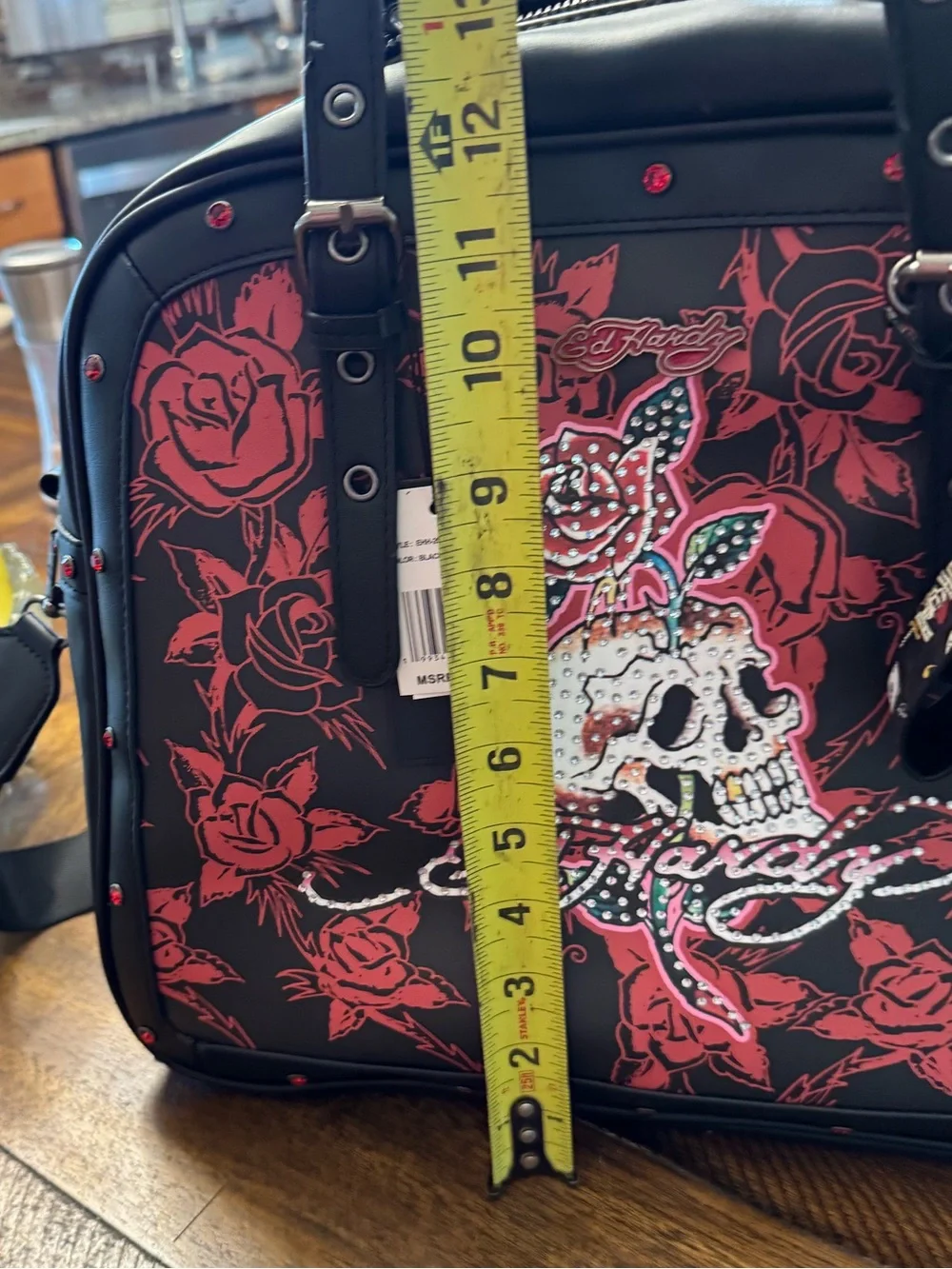 Ed Hardy Black & Red Skull Rose Satchel with Stud Accents